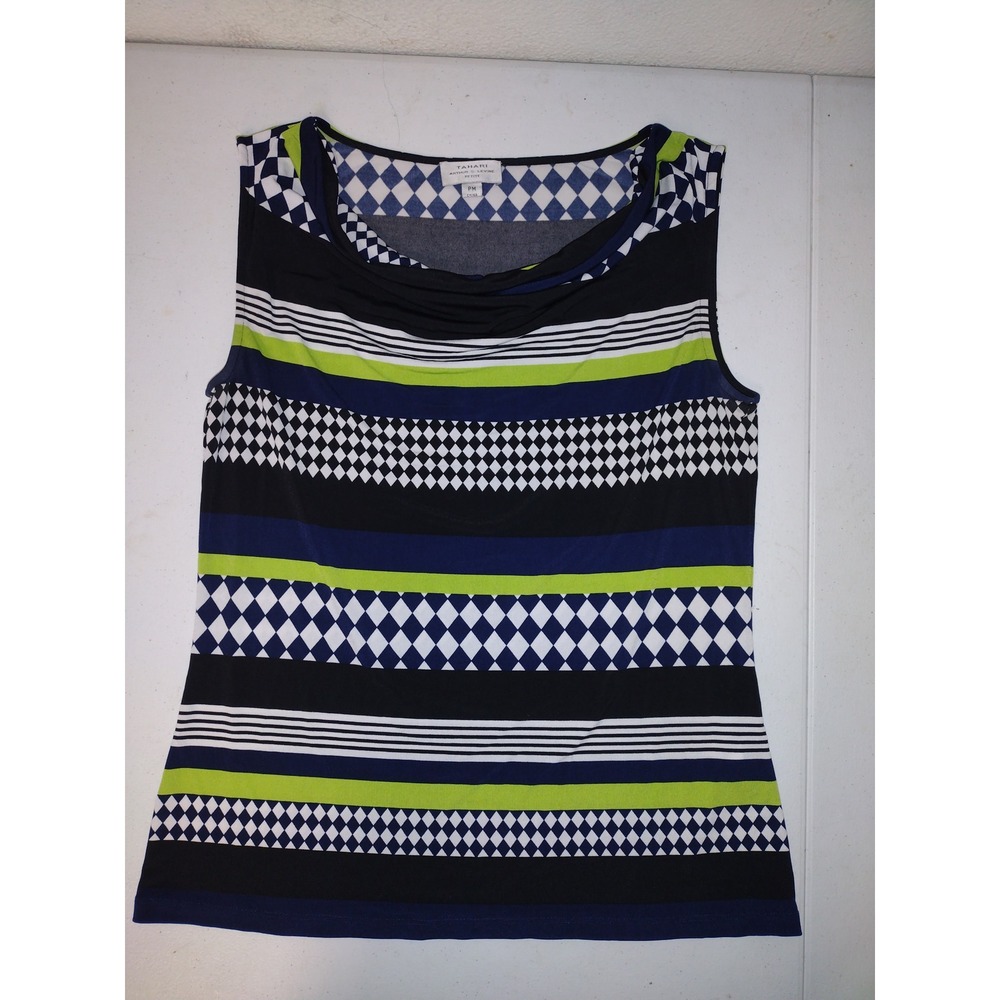 Tahari Arthur S Levine Petite PM Cowl‎ Neck Geometric Stripe Sleeveless Top Navy